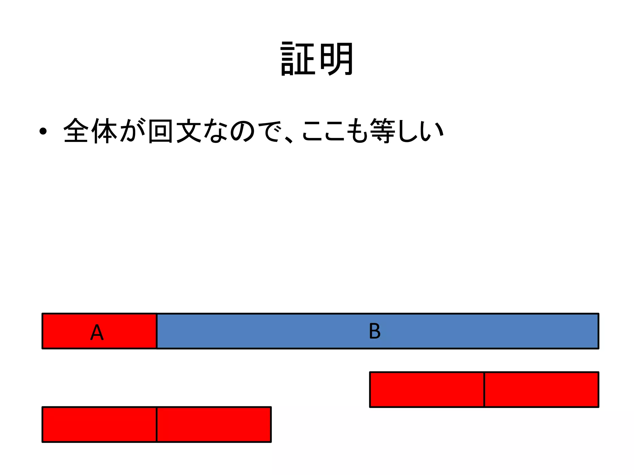 証明
• 全体が回文なので、ここも等しい
A B
 
