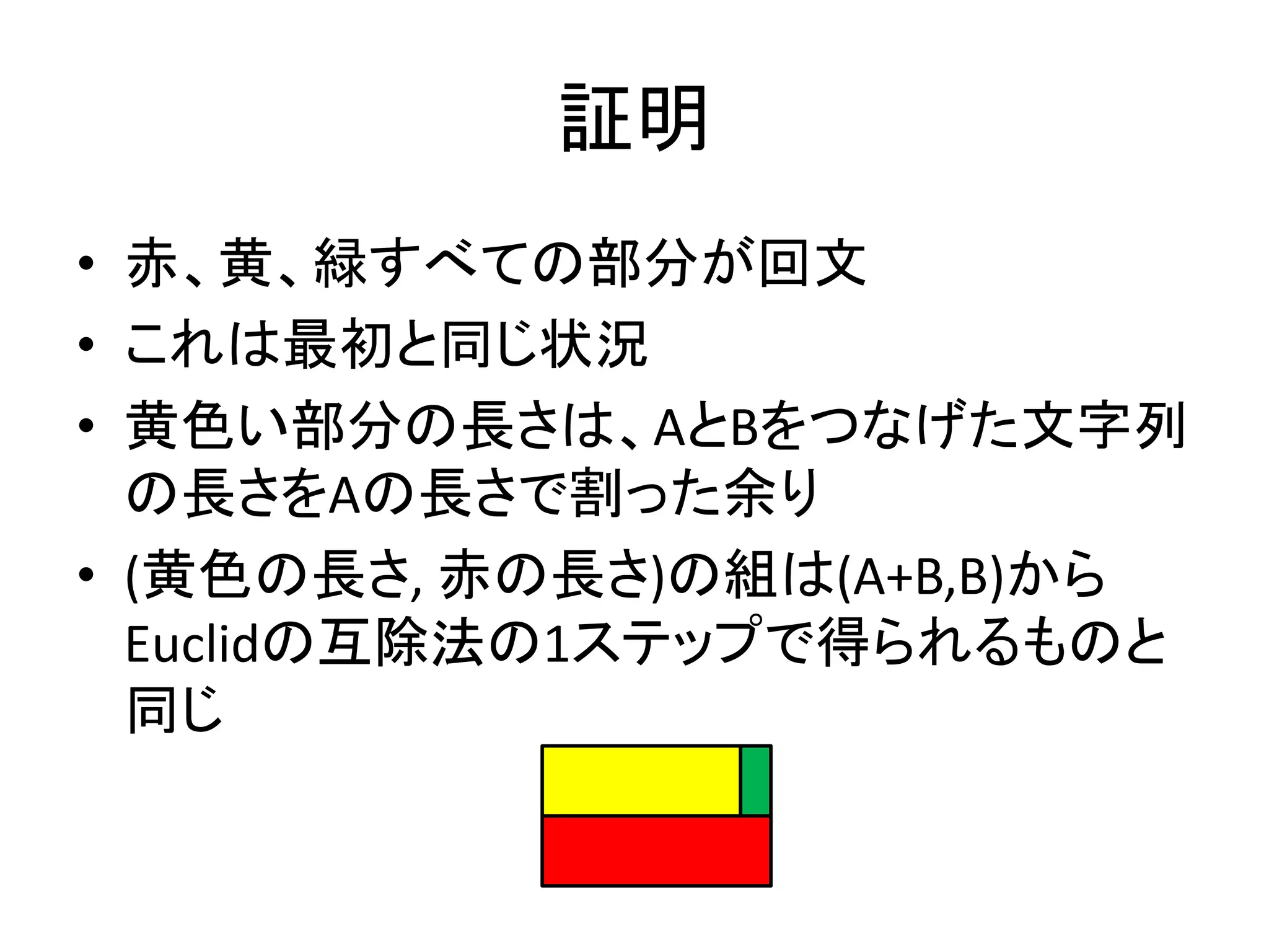 証明
• 赤、黄、緑すべての部分が回文
• これは最初と同じ状況
• 黄色い部分の長さは、AとBをつなげた文字列
の長さをAの長さで割った余り
• (黄色の長さ, 赤の長さ)の組は(A+B,B)から
Euclidの互除法の1ステップで得られるものと
同じ
 