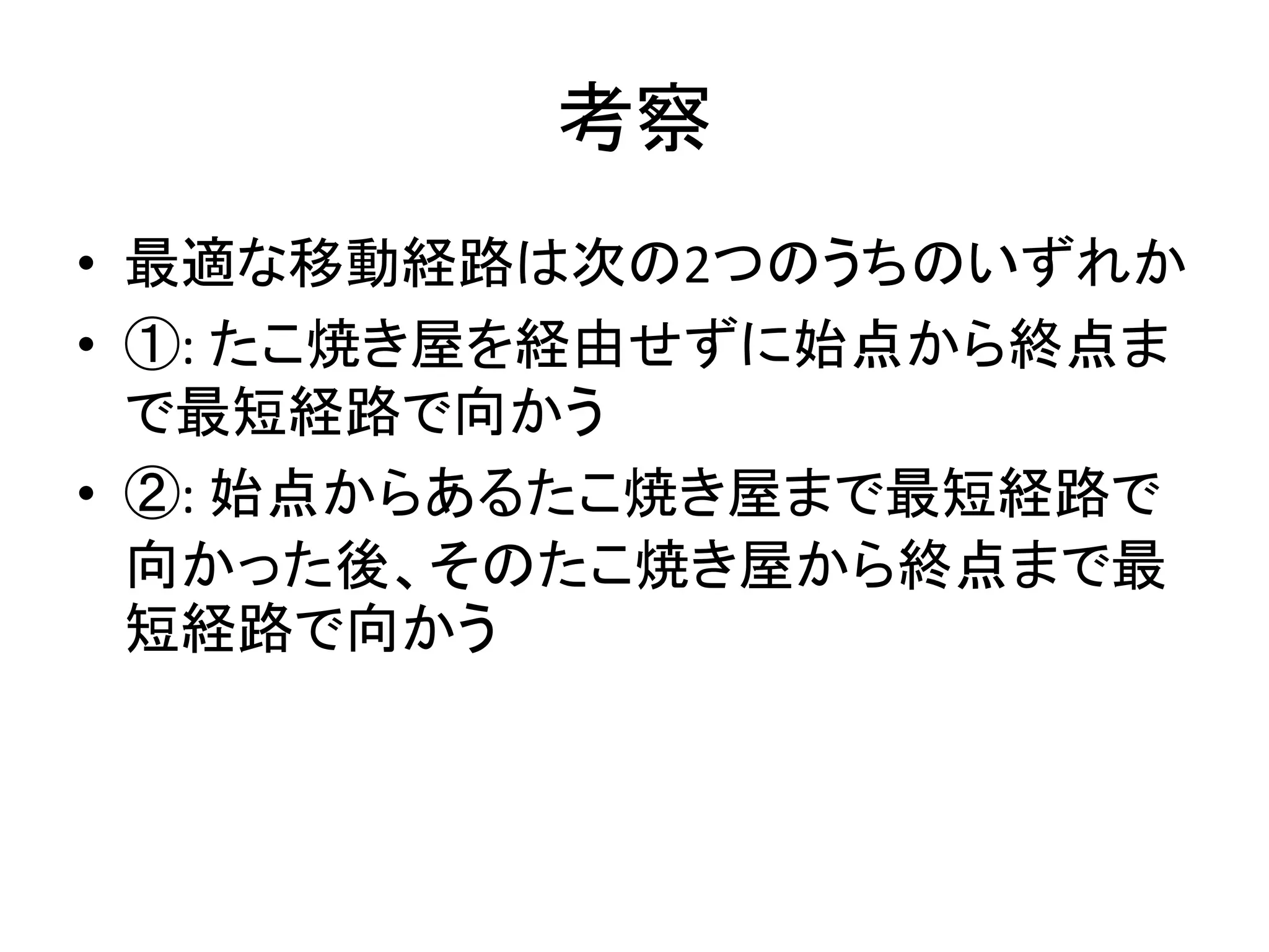 考察
• 最適な移動経路は次の2つのうちのいずれか
• ①: たこ焼き屋を経由せずに始点から終点ま
で最短経路で向かう
• ②: 始点からあるたこ焼き屋まで最短経路で
向かった後、そのたこ焼き屋から終点まで最
短経路で向かう
 