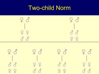 Two-child Norm
♀ ♂ ♀ ♂
♀
♂
♀
♂
♂
♀
♂
♀
♀ ♂ ♀ ♂ ♀ ♂ ♀ ♂
♂
♀
♂
♀
♀
♂
♀
♂
♂
♀
♂
♀
♀
♂
♀
♂
 