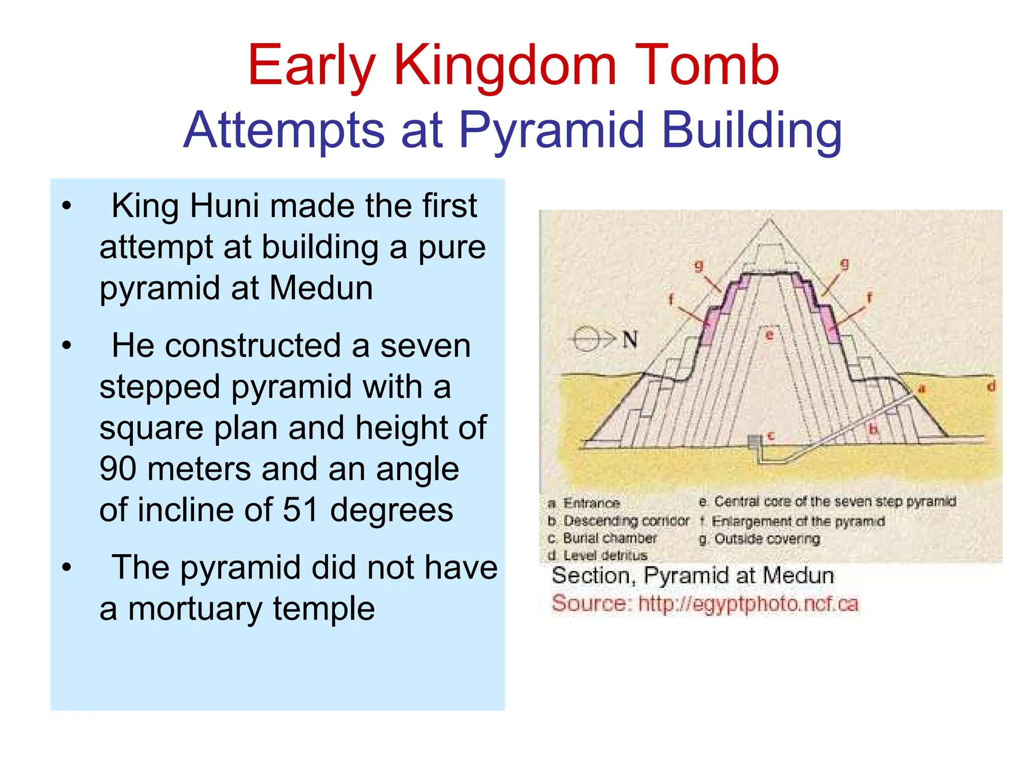 Early Kingdom Tomb
Attempts at Pyramid Building
• King Huni made the first
attempt at building a pure
pyramid at Medun
• He constructed a seven
stepped pyramid with a
square plan and height of
90 meters and an angle
of incline of 51 degrees
• The pyramid did not have
a mortuary temple
 