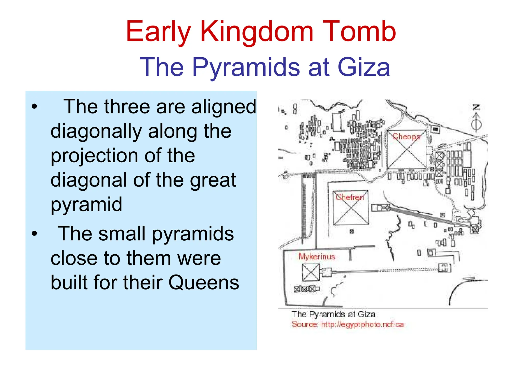 Early Kingdom Tomb
The Pyramids at Giza
• The three are aligned
diagonally along the
projection of the
diagonal of the great
pyramid
• The small pyramids
close to them were
built for their Queens
 