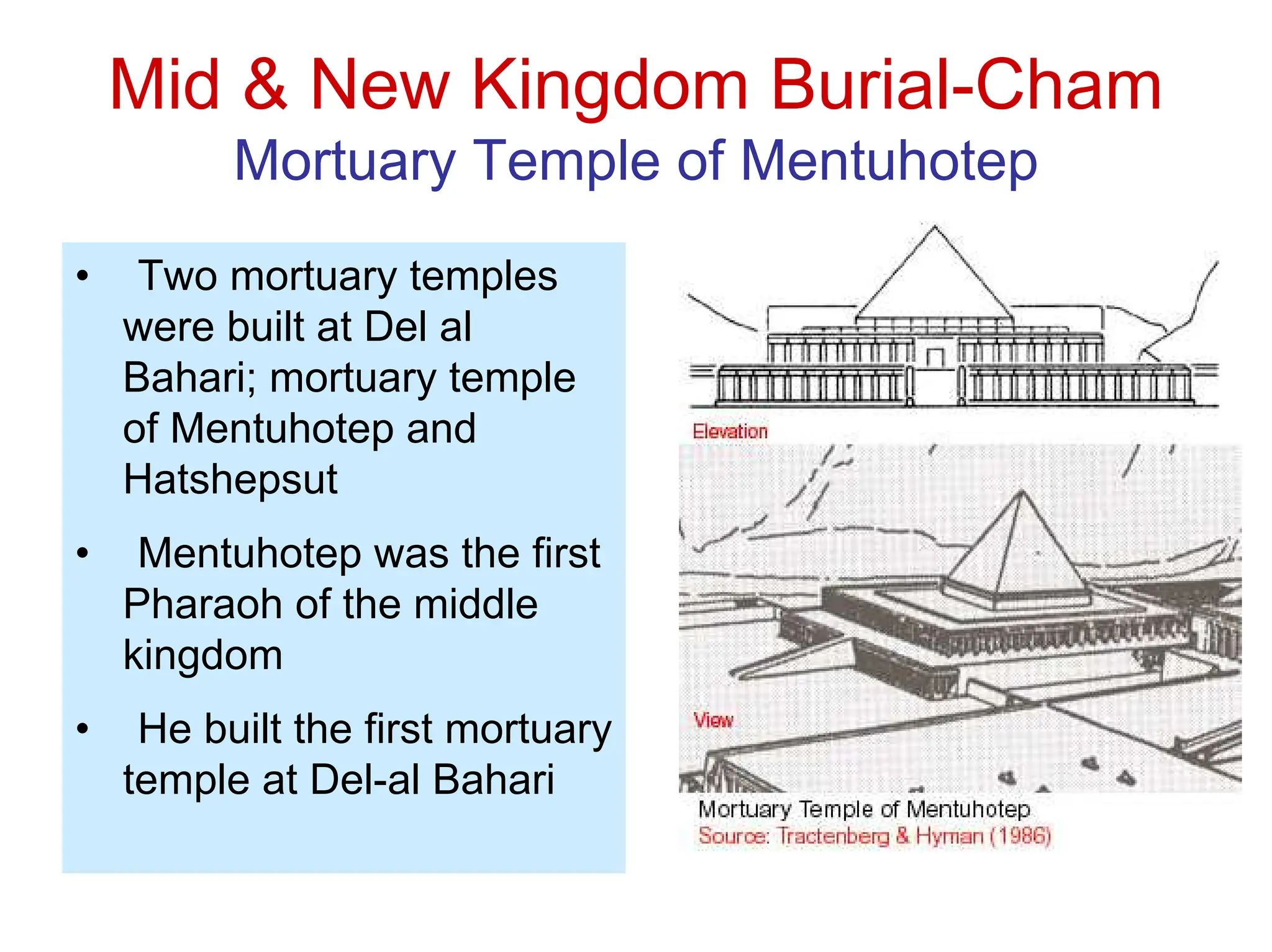 Mid & New Kingdom Burial-Cham
Mortuary Temple of Mentuhotep
• Two mortuary temples
were built at Del al
Bahari; mortuary temple
of Mentuhotep and
Hatshepsut
• Mentuhotep was the first
Pharaoh of the middle
kingdom
• He built the first mortuary
temple at Del-al Bahari
 