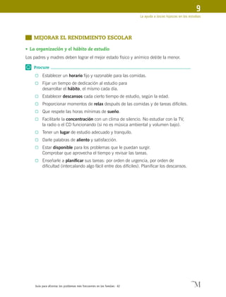 Guía para afrontar los problemas más frecuentes en las familias · 62
La ayuda a los/as hijos/as en los estudios
9
	 MEJORAR EL RENDIMIENTO ESCOLAR
•	La organización y el hábito de estudio
Los padres y madres deben lograr el mejor estado físico y anímico del/de la menor.
Procure
0	 Establecer un horario fijo y razonable para las comidas.
0	 Fijar un tiempo de dedicación al estudio para
desarrollar el hábito, el mismo cada día.
0	 Establecer descansos cada cierto tiempo de estudio, según la edad.
0	 Proporcionar momentos de relax después de las comidas y de tareas difíciles.
0	 Que respete las horas mínimas de sueño.
0	 Facilitarle la concentración con un clima de silencio. No estudiar con la TV,
la radio o el CD funcionando (si no es música ambiental y volumen bajo).
0	 Tener un lugar de estudio adecuado y tranquilo.
0	 Darle palabras de aliento y satisfacción.
0	 Estar disponible para los problemas que le puedan surgir.
Comprobar que aprovecha el tiempo y revisar las tareas.
0	 Enseñarle a planificar sus tareas: por orden de urgencia, por orden de
dificultad (intercalando algo fácil entre dos difíciles). Planificar los descansos.
 