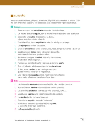 Guía para afrontar los problemas más frecuentes en las familias · 75
las familias y la salud
11
	 EL SUEÑO
Afecta al desarrollo físico, psíquico, emocional, cognitivo y social del/de la niño/a. Duer-
me bien el/la niño/a seguro/a, con capacidad para autocalmarse y para estar solo/a.
Procure
0	 Tener en cuenta las necesidades naturales del/de la niño/a.
0	 Un horario de sueño regular, con la misma hora de acostarse y de levantarse.
0	 Desarrollar una rutina de acostarse. Ej. Baño,
pijama, cuento o música relajante.
0	 Que el/la niño/a sienta seguridad en relación a la figura de apego.
0	 Dar ejemplo de hábitos saludables.
0	 Crear un ambiente de sueño (silencio, oscuridad, temperatura entre 18-22º C).
0	 Establecer unos límites claros (el número de cuentos
o canciones) si rechaza quedarse solo/a.
0	 Reconocer los signos de déficit de sueño: nerviosismo,
irritabilidad, difícil despertar…
0	 Facilitar que concilie el sueño y aprenda a dormirse solo/a.
0	 Que todos los/las adultos/as actúen de la misma forma.
0	 Si llora, darle confianza, pero no haga nada para
que se duerma, hasta que lo haga solo/a.
0	 Una vida lo más relajada posible. Resérvese momentos sin
hacer nada, reflexionar, escuchar música, leer...
Evite
0	 Las influencias externas como stress familiar y los cambios de rutina.
0	 Acostarlo/la con hambre o con exceso de comida o líquido.
0	 Los alimentos excitantes (bebidas de cola, chocolate, café…).
0	 La actividad vigorosa una o dos horas antes de acostarlo.
0	 Las siestas tardías o muy prolongadas.
0	 Potenciar la angustia creándole “fantasmas”.
0	 Mandarlo/la a la cama por haber hecho algo mal.
El sueño ha de ser algo placentero.
0	 La fragmentación del sueño.
 