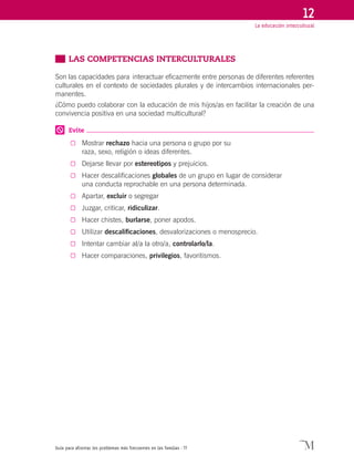 Guía para afrontar los problemas más frecuentes en las familias · 77
La educación intercultural
12
	 LAS COMPETENCIAS INTERCULTURALES
Son las capacidades para interactuar eficazmente entre personas de diferentes referentes
culturales en el contexto de sociedades plurales y de intercambios internacionales per-
manentes.
¿Cómo puedo colaborar con la educación de mis hijos/as en facilitar la creación de una
convivencia positiva en una sociedad multicultural?
Evite
0	 Mostrar rechazo hacia una persona o grupo por su
raza, sexo, religión o ideas diferentes.
0	 Dejarse llevar por estereotipos y prejuicios.
0	 Hacer descalificaciones globales de un grupo en lugar de considerar
una conducta reprochable en una persona determinada.
0	 Apartar, excluir o segregar
0	 Juzgar, criticar, ridiculizar.
0	 Hacer chistes, burlarse, poner apodos.
0	 Utilizar descalificaciones, desvalorizaciones o menosprecio.
0	 Intentar cambiar al/a la otro/a, controlarlo/la.
0	 Hacer comparaciones, privilegios, favoritismos.
 
