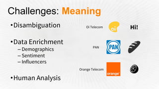 Challenges: Meaning
• Disambiguation
• Data Enrichment
– Demographics
– Sentiment
– Influencers
• Human Analysis
PAN
Orange Telecom
Oi Telecom Hi!
 