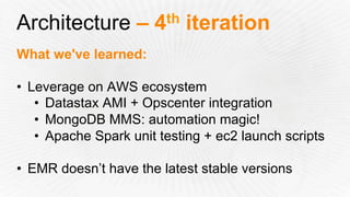 What we've learned:
•  Leverage on AWS ecosystem
•  Datastax AMI + Opscenter integration
•  MongoDB MMS: automation magic!
•  Apache Spark unit testing + ec2 launch scripts
•  EMR doesn’t have the latest stable versions
Architecture – 4th iteration
 