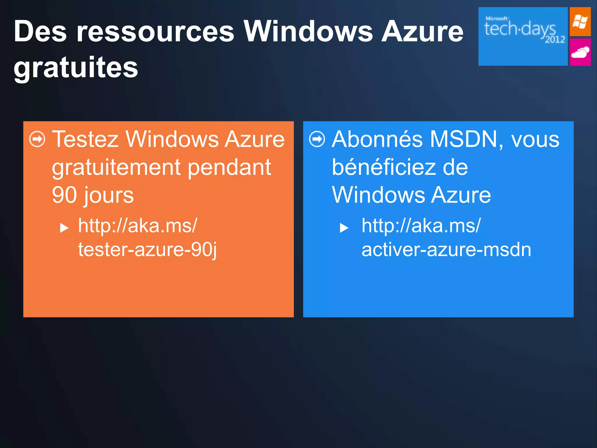 Des ressources Windows Azure
gratuites

  Testez Windows Azure   Abonnés MSDN, vous
  gratuitement pendant   bénéficiez de
  90 jours               Windows Azure
     http://aka.ms/        http://aka.ms/
      tester-azure-90j       activer-azure-msdn
 