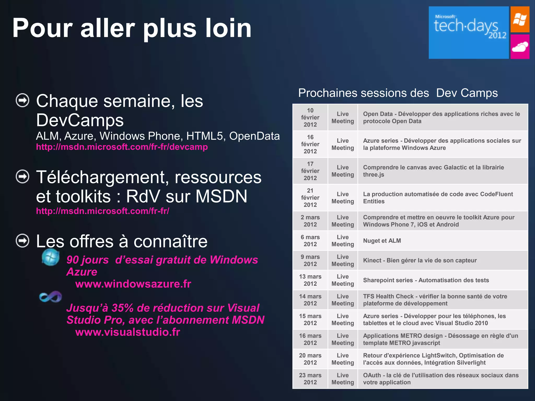 Pour aller plus loin

                                               Prochaines sessions des Dev Camps
  Chaque semaine, les                            10
                                                          Live     Open Data - Développer des applications riches avec le
  DevCamps                                     février
                                                2012
                                                         Meeting   protocole Open Data

  ALM, Azure, Windows Phone, HTML5, OpenData     16
                                                          Live     Azure series - Développer des applications sociales sur
                                               février
  http://msdn.microsoft.com/fr-fr/devcamp       2012
                                                         Meeting   la plateforme Windows Azure

                                                 17
                                                          Live     Comprendre le canvas avec Galactic et la librairie
                                               février
  Téléchargement, ressources                    2012
                                                         Meeting   three.js

                                                 21
  et toolkits : RdV sur MSDN                   février
                                                2012
                                                          Live
                                                         Meeting
                                                                   La production automatisée de code avec CodeFluent
                                                                   Entities
  http://msdn.microsoft.com/fr-fr/
                                               2 mars     Live     Comprendre et mettre en oeuvre le toolkit Azure pour
                                                2012     Meeting   Windows Phone 7, iOS et Android


  Les offres à connaître                       6 mars
                                                2012
                                                          Live
                                                         Meeting
                                                                   Nuget et ALM


         90 jours d’essai gratuit de Windows   9 mars
                                                2012
                                                          Live
                                                         Meeting
                                                                   Kinect - Bien gérer la vie de son capteur

         Azure                                 13 mars    Live
                                                                   Sharepoint series - Automatisation des tests
          www.windowsazure.fr                   2012     Meeting

                                               14 mars    Live     TFS Health Check - vérifier la bonne santé de votre
                                                2012     Meeting   plateforme de développement
         Jusqu’à 35% de réduction sur Visual
         Studio Pro, avec l’abonnement MSDN
                                               15 mars    Live     Azure series - Développer pour les téléphones, les
                                                2012     Meeting   tablettes et le cloud avec Visual Studio 2010
          www.visualstudio.fr                  16 mars    Live     Applications METRO design - Désossage en règle d'un
                                                2012     Meeting   template METRO javascript

                                               20 mars    Live     Retour d'expérience LightSwitch, Optimisation de
                                                2012     Meeting   l'accès aux données, Intégration Silverlight

                                               23 mars    Live     OAuth - la clé de l'utilisation des réseaux sociaux dans
                                                2012     Meeting   votre application
 