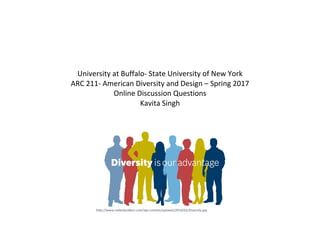  
	
  
	
  
	
  
	
  
	
  
University	
  at	
  Buffalo-­‐	
  State	
  University	
  of	
  New	
  York	
  
ARC	
  211-­‐	
  American	
  Diversity	
  and	
  Design	
  –	
  Spring	
  2017	
  
Online	
  Discussion	
  Questions	
  
Kavita	
  Singh	
  
	
  
	
  
	
  
	
  
	
  
	
  
	
  
	
  
	
  
	
  
	
   http://www.rodanbuilders.com/wp-­‐content/uploads/2016/01/Diversity.jpg	
  
 