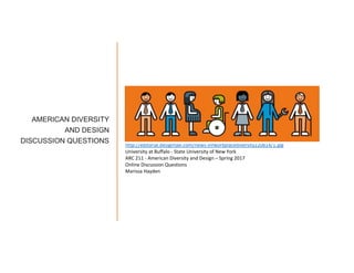 AMERICAN DIVERSITY
AND DESIGN
DISCUSSION QUESTIONS http://editorial.designtaxi.com/news-infworkplacediversity220814/1.jpg
University at Buffalo - State University of New York
ARC 211 - American Diversity and Design – Spring 2017
Online Discussion Questions
Marissa Hayden
 
