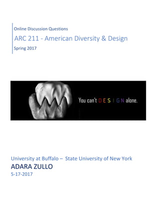 University at Buffalo – State University of New York
ADARA ZULLO
5-17-2017
Online Discussion Questions
ARC 211 - American Diversity & Design
Spring 2017
 