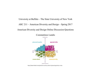https://www.linkedin.com/pulse/21st-century-urban-city-planning-jeremy-s-snow
University at Buffalo – The State University of New York
ARC 211 – American Diversity and Design – Spring 2017
American Diversity and Design Online Discussion Questions
Constantinos Landis
 