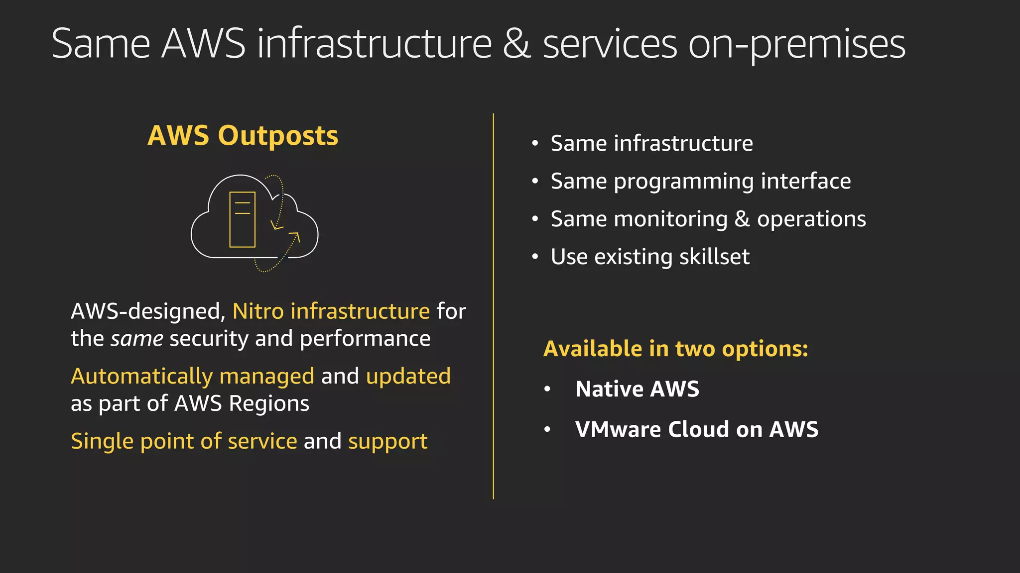 Same AWS infrastructure & services on-premises
AWS-designed, Nitro infrastructure for
the same security and performance
Automatically managed and updated
as part of AWS Regions
Single point of service and support
AWS Outposts • Same infrastructure
• Same programming interface
• Same monitoring & operations
• Use existing skillset
Available in two options:
• Native AWS
• VMware Cloud on AWS
 