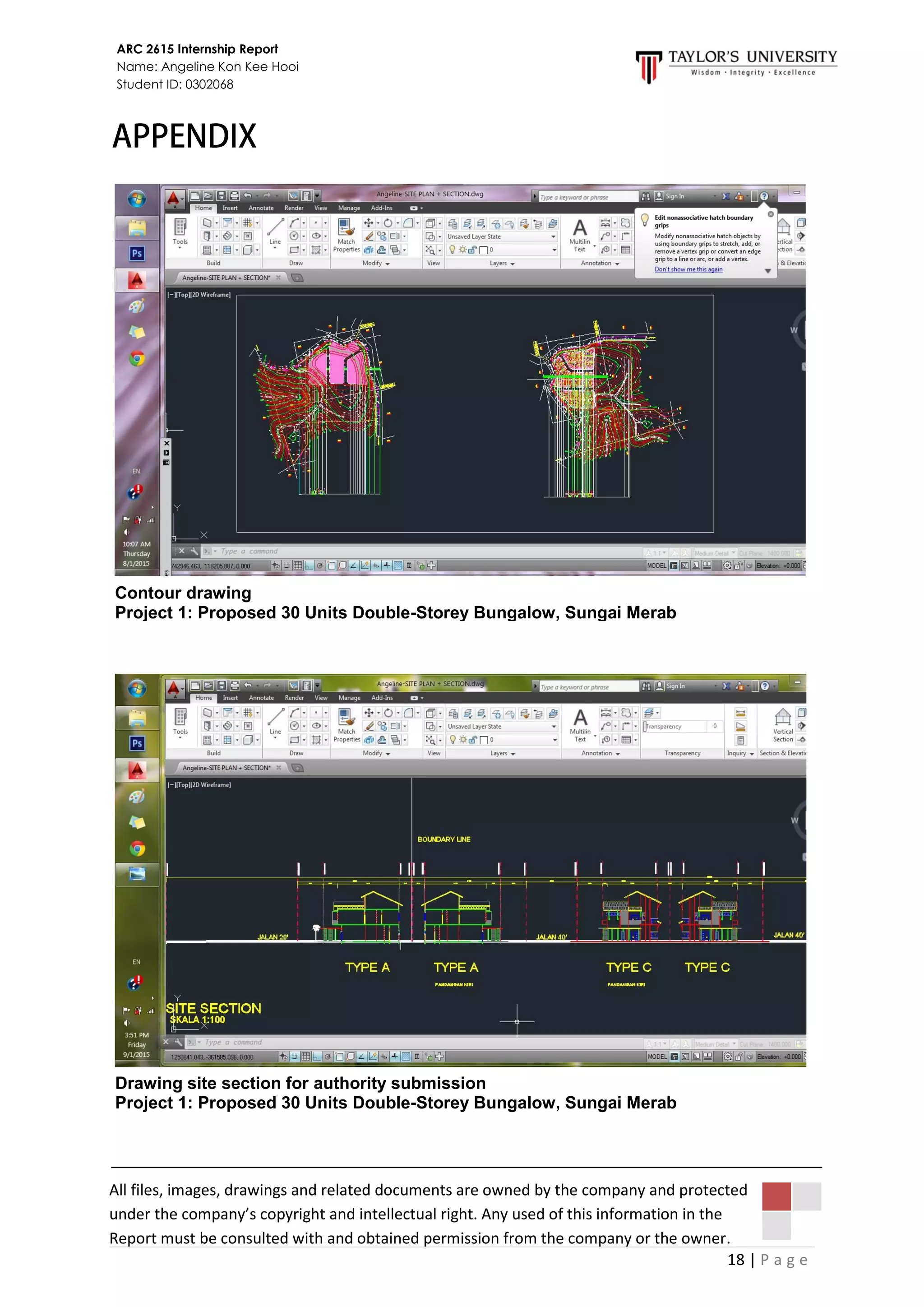 18 | P a g e
ARC 2615 Internship Report
Name: Angeline Kon Kee Hooi
Student ID: 0302068
Contour drawing
Project 1: Proposed 30 Units Double-Storey Bungalow, Sungai Merab
All files, images, drawings and related documents are owned by the company and protected
under the company’s copyright and intellectual right. Any used of this information in the
Report must be consulted with and obtained permission from the company or the owner.
Drawing site section for authority submission
Project 1: Proposed 30 Units Double-Storey Bungalow, Sungai Merab
 