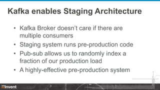 Kafka enables Staging Architecture
• Kafka Broker doesn’t care if there are
multiple consumers
• Staging system runs pre-p...