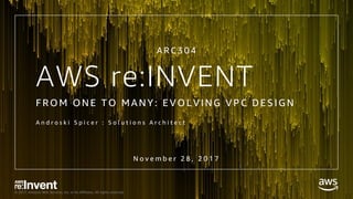 © 2017, Amazon Web Services, Inc. or its Affiliates. All rights reserved.
AWS re:INVENT
F ROM ONE TO MANY: E VOL VING VPC DE SIG N
A n d r o s k i S p i c e r : S o l u t i o n s A r c h i t e c t
A R C 3 0 4
N o v e m b e r 2 8 , 2 0 1 7
 