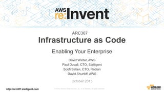 http://arc307.stelligent.com © 2015, Amazon Web Services, Inc. or its Affiliates. All rights reserved.
David Winter, AWS
Paul Duvall, CTO, Stelligent
Soofi Safavi, CTO, Radian
David Shurtliff, AWS
October 2015
Infrastructure as Code
Enabling Your Enterprise
ARC307
 