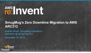 SmugMug’s Zero Downtime Migration to AWS
ARC312
Andrew Shieh, SmugMug Operations
shandrew @ smugmug.com
November 15, 2013

© 2013 Amazon.com, Inc. and its affiliates. All rights reserved. May not be copied, modified, or distributed in whole or in part without the express consent of Amazon.com, Inc.
Friday, November 15, 13

 