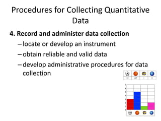 Procedures for Collecting Quantitative
Data
4. Record and administer data collection
–locate or develop an instrument
–obtain reliable and valid data
–develop administrative procedures for data
collection
 