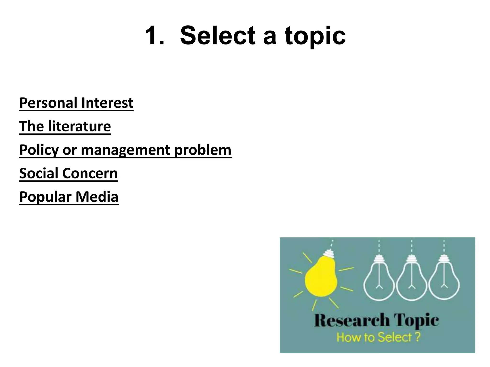 1. Select a topic
Personal Interest
The literature
Policy or management problem
Social Concern
Popular Media
 