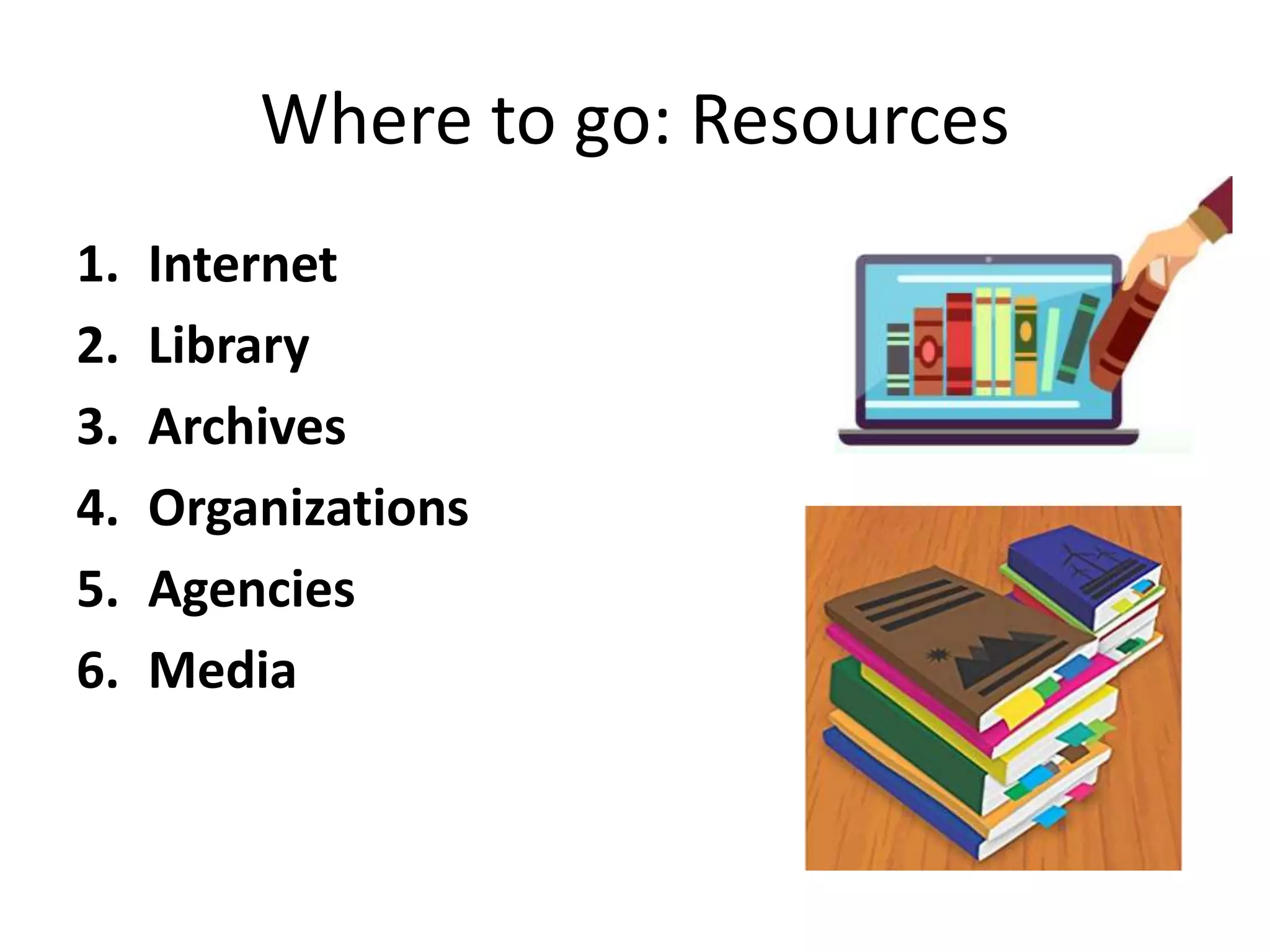 Where to go: Resources
1. Internet
2. Library
3. Archives
4. Organizations
5. Agencies
6. Media
 