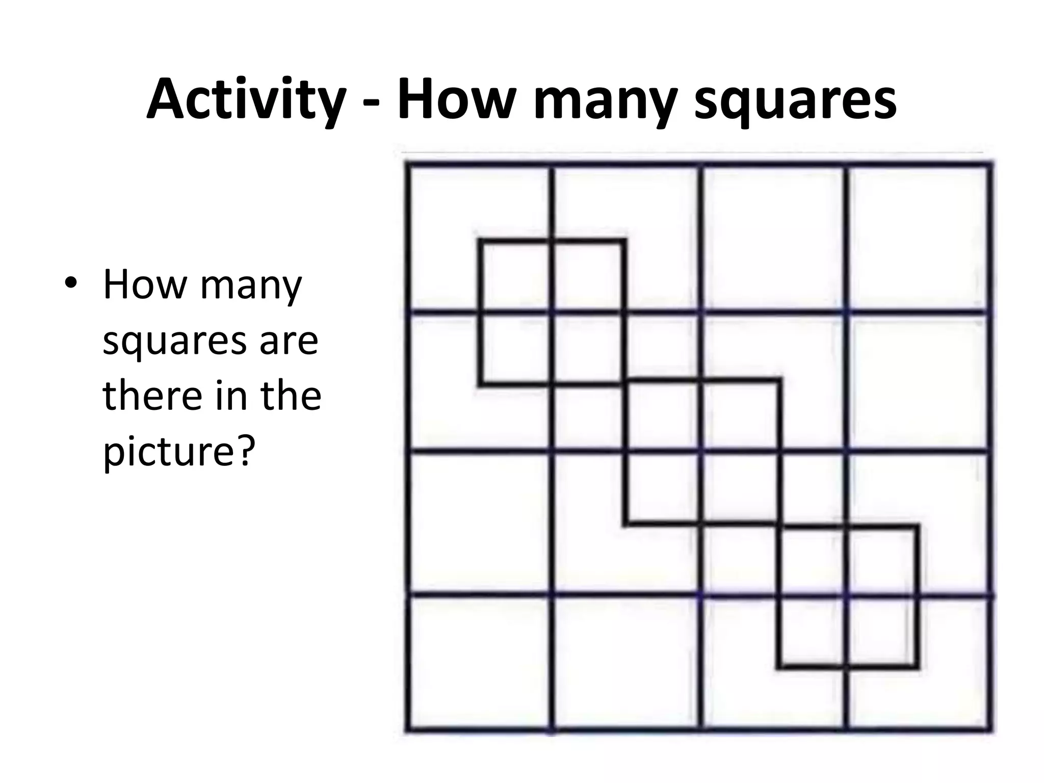 Activity - How many squares
• How many
squares are
there in the
picture?
25Creativity and Innovation - Dr. Yasser Mahgoub
 