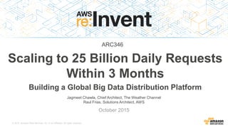 © 2015, Amazon Web Services, Inc. or its Affiliates. All rights reserved.
Jagmeet Chawla, Chief Architect, The Weather Channel
Raul Frias, Solutions Architect, AWS
October 2015
Scaling to 25 Billion Daily Requests
Within 3 Months
Building a Global Big Data Distribution Platform
ARC346
 