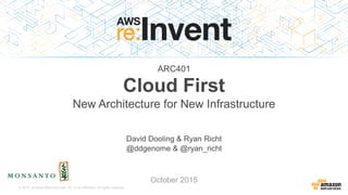 © 2015, Amazon Web Services, Inc. or its Affiliates. All rights reserved.
David Dooling & Ryan Richt
October 2015
Cloud First
New Architecture for New Infrastructure
@ddgenome & @ryan_richt
ARC401
 