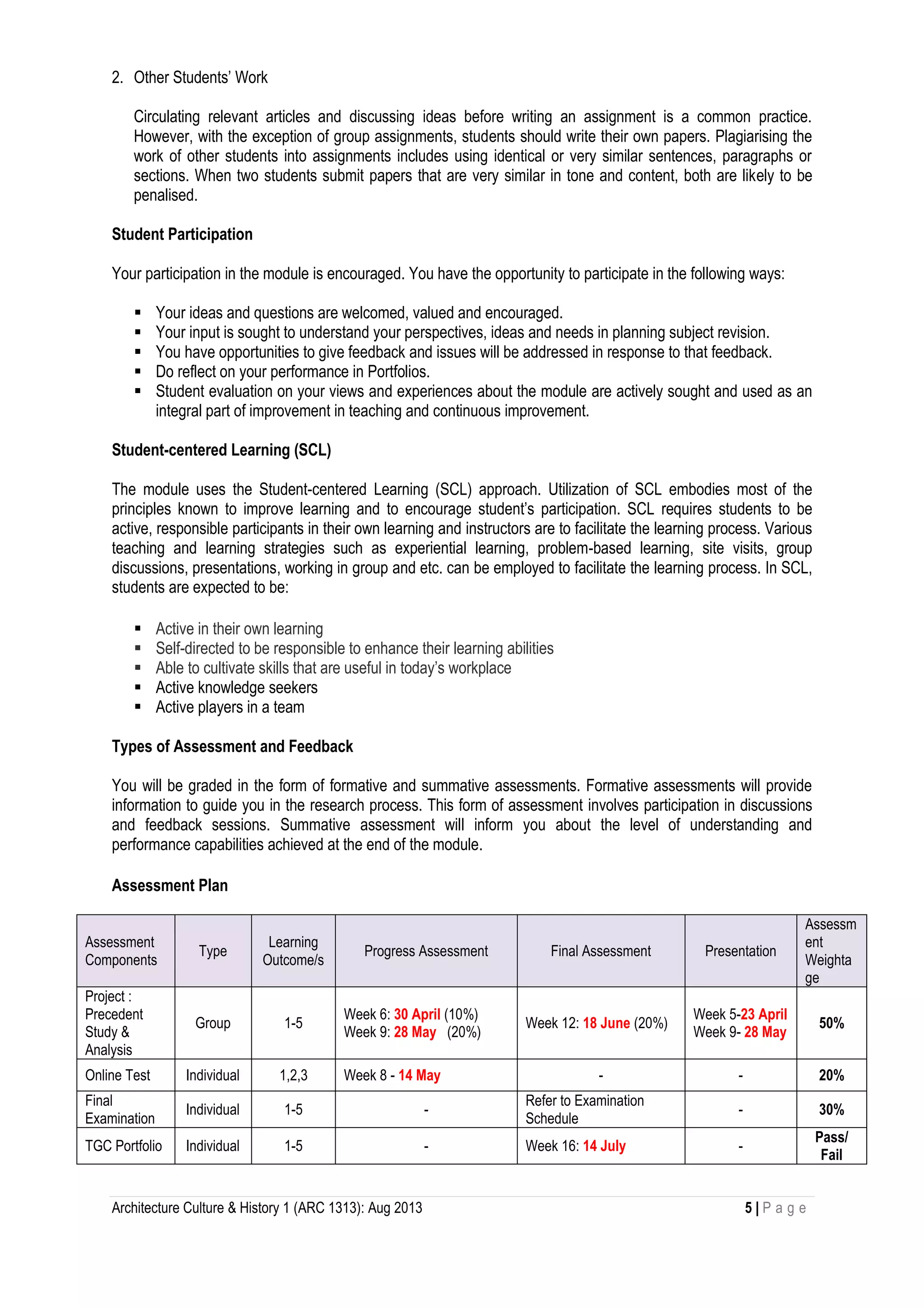 Architecture Culture & History 1 (ARC 1313): Aug 2013 5 | P a g e
2. Other Students’ Work
Circulating relevant articles and discussing ideas before writing an assignment is a common practice.
However, with the exception of group assignments, students should write their own papers. Plagiarising the
work of other students into assignments includes using identical or very similar sentences, paragraphs or
sections. When two students submit papers that are very similar in tone and content, both are likely to be
penalised.
Student Participation
Your participation in the module is encouraged. You have the opportunity to participate in the following ways:
 Your ideas and questions are welcomed, valued and encouraged.
 Your input is sought to understand your perspectives, ideas and needs in planning subject revision.
 You have opportunities to give feedback and issues will be addressed in response to that feedback.
 Do reflect on your performance in Portfolios.
 Student evaluation on your views and experiences about the module are actively sought and used as an
integral part of improvement in teaching and continuous improvement.
Student-centered Learning (SCL)
The module uses the Student-centered Learning (SCL) approach. Utilization of SCL embodies most of the
principles known to improve learning and to encourage student’s participation. SCL requires students to be
active, responsible participants in their own learning and instructors are to facilitate the learning process. Various
teaching and learning strategies such as experiential learning, problem-based learning, site visits, group
discussions, presentations, working in group and etc. can be employed to facilitate the learning process. In SCL,
students are expected to be:
 Active in their own learning
 Self-directed to be responsible to enhance their learning abilities
 Able to cultivate skills that are useful in today’s workplace
 Active knowledge seekers
 Active players in a team
Types of Assessment and Feedback
You will be graded in the form of formative and summative assessments. Formative assessments will provide
information to guide you in the research process. This form of assessment involves participation in discussions
and feedback sessions. Summative assessment will inform you about the level of understanding and
performance capabilities achieved at the end of the module.
Assessment Plan
Assessment
Components
Type
Learning
Outcome/s
Progress Assessment Final Assessment Presentation
Assessm
ent
Weighta
ge
Project :
Precedent
Study &
Analysis
Group 1-5
Week 6: 30 April (10%)
Week 9: 28 May (20%)
Week 12: 18 June (20%)
Week 5-23 April
Week 9- 28 May
50%
Online Test Individual 1,2,3 Week 8 - 14 May - - 20%
Final
Examination
Individual 1-5 -
Refer to Examination
Schedule
- 30%
TGC Portfolio Individual 1-5 - Week 16: 14 July -
Pass/
Fail
 