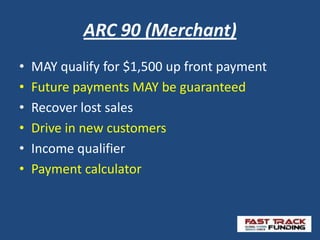 ARC 90 (Merchant)
• MAY qualify for $1,500 up front payment
• Future payments MAY be guaranteed
• Recover lost sales
• Drive in new customers
• Income qualifier
• Payment calculator
 