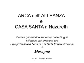 ARCA dell’ ALLEANZA
e
CASA SANTA a Nazareth
Codice geometrico armonico delle Origini
Relazione geo-armonica con
il Tempietto di San Lorenzo e la Porta Grande della città
di
Mesagne
© 2021 Alfonso Rubino
 