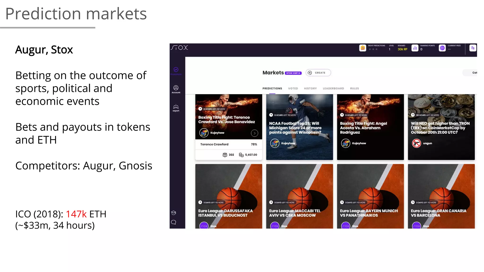 Prediction markets
Augur, Stox
Betting on the outcome of
sports, political and
economic events
Bets and payouts in tokens
and ETH
Competitors: Augur, Gnosis
ICO (2018): 147k ETH
(~$33m, 34 hours)
 