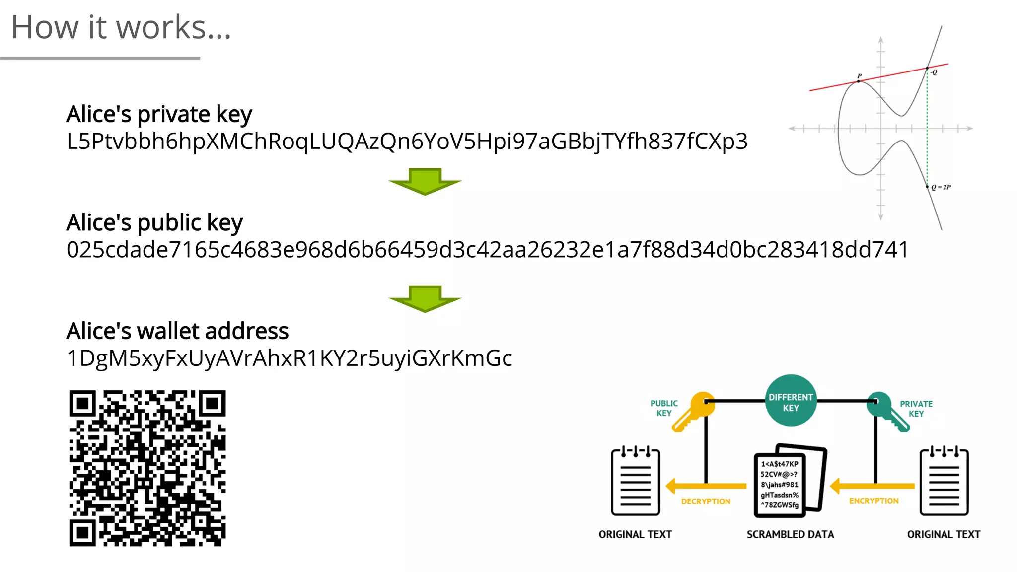 Alice's private key
L5Ptvbbh6hpXMChRoqLUQAzQn6YoV5Hpi97aGBbjTYfh837fCXp3
Alice's public key
025cdade7165c4683e968d6b66459d3c42aa26232e1a7f88d34d0bc283418dd741
Alice's wallet address
1DgM5xyFxUyAVrAhxR1KY2r5uyiGXrKmGc
How it works…
 