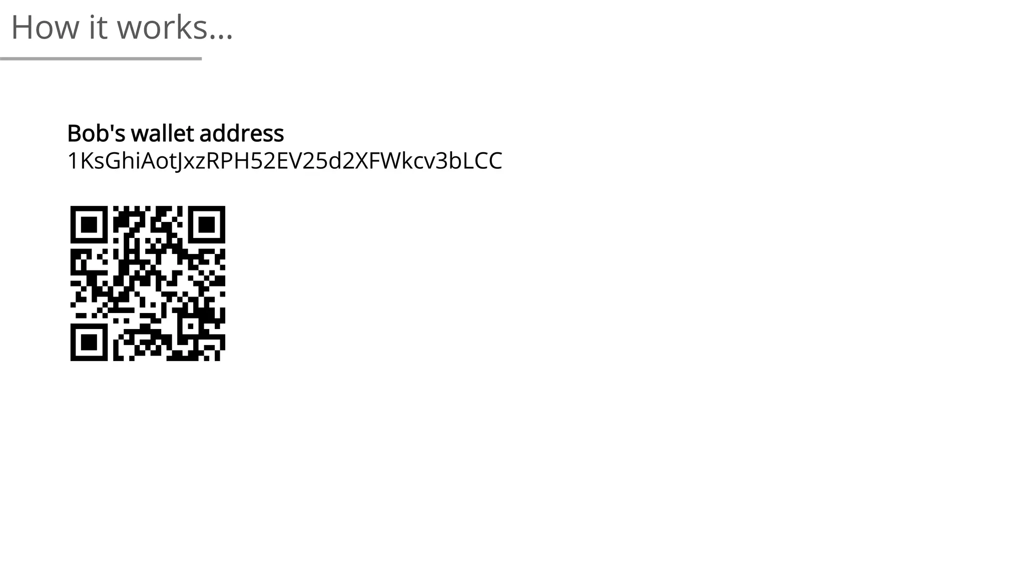 Bob's wallet address
1KsGhiAotJxzRPH52EV25d2XFWkcv3bLCC
How it works…
 