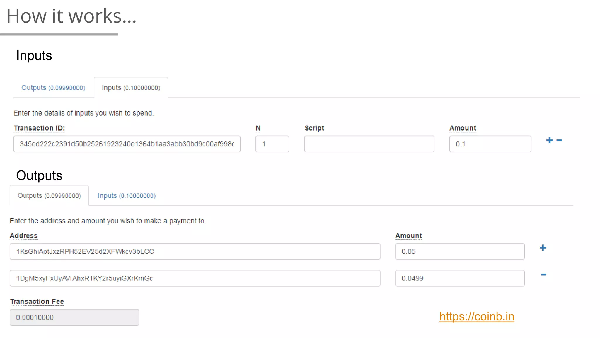 Inputs
Outputs
https://coinb.in
How it works…
 