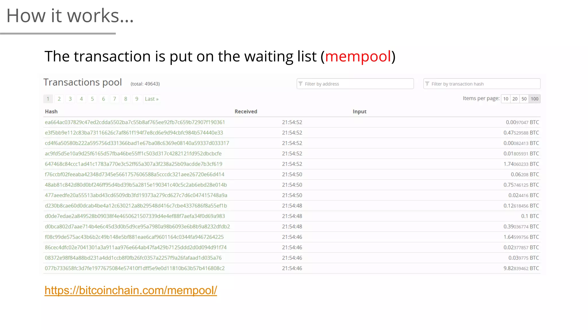 https://bitcoinchain.com/mempool/
The transaction is put on the waiting list (mempool)
How it works…
 