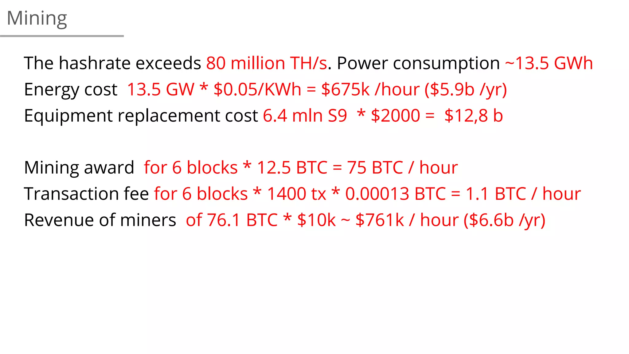 The hashrate exceeds 80 million TH/s. Power consumption ~13.5 GWh
Energy cost 13.5 GW * $0.05/KWh = $675k /hour ($5.9b /yr)
Equipment replacement cost 6.4 mln S9 * $2000 = $12,8 b
Mining
Mining award for 6 blocks * 12.5 BTC = 75 BTC / hour
Transaction fee for 6 blocks * 1400 tx * 0.00013 BTC = 1.1 BTC / hour
Revenue of miners of 76.1 BTC * $10k ~ $761k / hour ($6.6b /yr)
 