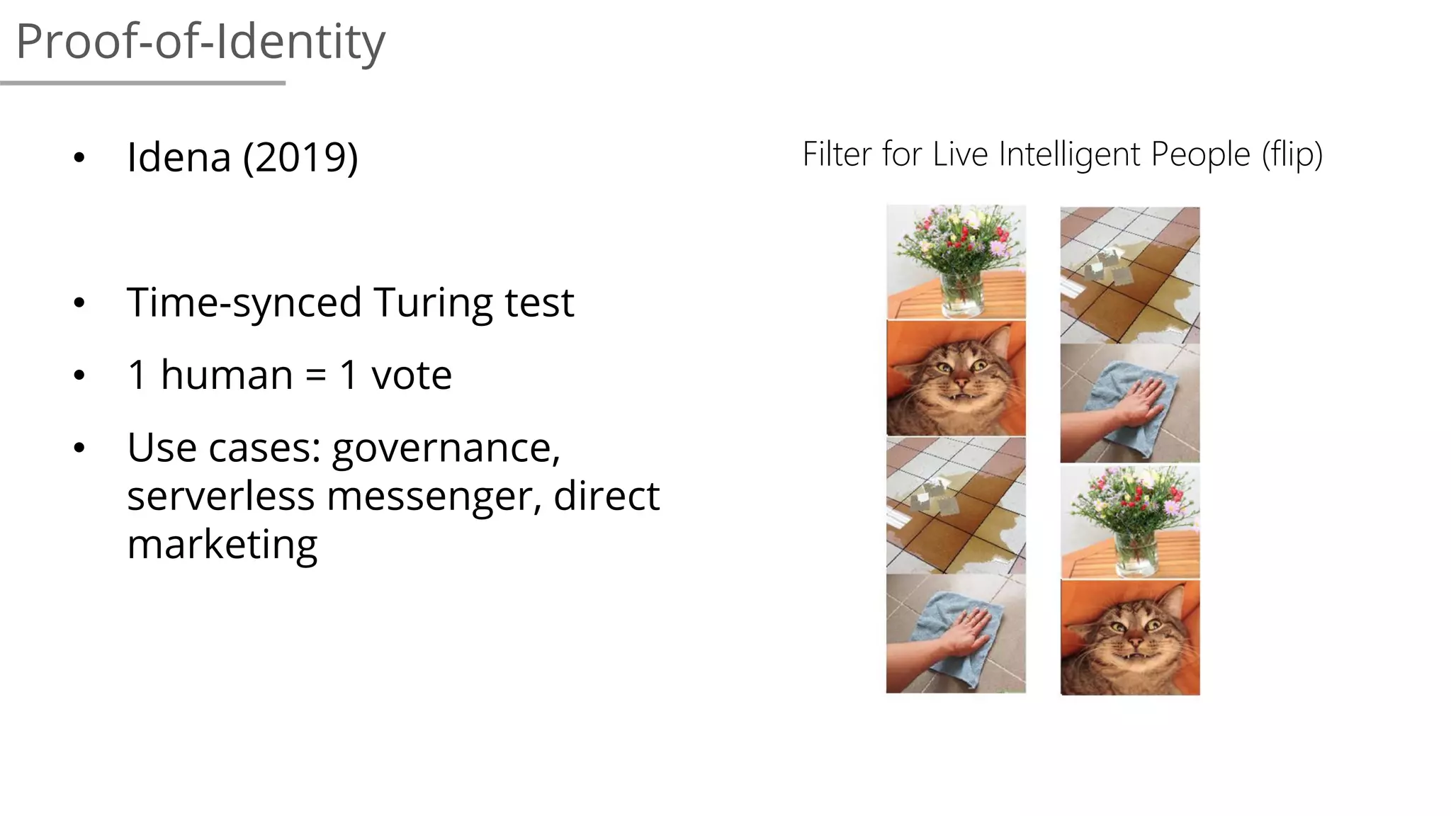 Proof-of-Identity
• Idena (2019)
• Time-synced Turing test
• 1 human = 1 vote
• Use cases: governance,
serverless messenger, direct
marketing
Filter for Live Intelligent People (flip)
 
