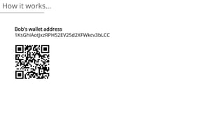 Bob's wallet address
1KsGhiAotJxzRPH52EV25d2XFWkcv3bLCC
How it works…
 