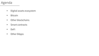 • Digital assets ecosystem
• Bitcoin
• Other blockchains
• Smart contracts
• DeFi
• Other DApps
Agenda
 