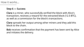 Step 6 — Success
Clara is a miner, who successfully verified the block with Alice's
transaction, receives a reward for the extracted block (12.5 BTC),
as well as a commission for the block's transactions.
Clara spreads her output among other miners and they add this
block to the chain.
Bob receives confirmation that the payment has been sent by Alice
and initiates the delivery.
How it works…
 