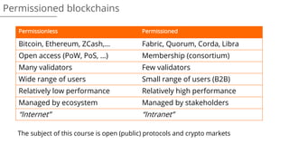 Permissioned blockchains
Permissionless Permissioned
Bitcoin, Ethereum, ZCash,… Fabric, Quorum, Corda, Libra
Open access (PoW, PoS, …) Membership (consortium)
Many validators Few validators
Wide range of users Small range of users (B2B)
Relatively low performance Relatively high performance
Managed by ecosystem Managed by stakeholders
“Internet” “Intranet”
The subject of this course is open (public) protocols and crypto markets
 