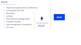 #DeFi
• Payments (cryptocurrencies, stablecoins)
• Funding (ICO, IEO, STO)
• Borrowing
• Lending
• Decentralized exchanges (DEX)
• Prediction markets
• Asset management / Investments
• Insurance
#DeFi
 