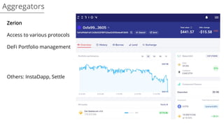 Aggregators
Zerion
Access to various protocols
DeFi Portfolio management
Others: InstaDapp, Settle
 