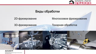 Виды обработки
2D-фрезерование
3D-фрезерование
Многоосевое фрезерование
Токарная обработка
 