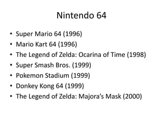 Nintendo 64
• Super Mario 64 (1996)
• Mario Kart 64 (1996)
• The Legend of Zelda: Ocarina of Time (1998)
• Super Smash Bros. (1999)
• Pokemon Stadium (1999)
• Donkey Kong 64 (1999)
• The Legend of Zelda: Majora’s Mask (2000)
 