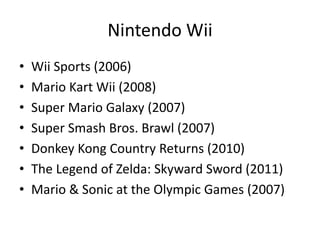 Nintendo Wii
• Wii Sports (2006)
• Mario Kart Wii (2008)
• Super Mario Galaxy (2007)
• Super Smash Bros. Brawl (2007)
• Donkey Kong Country Returns (2010)
• The Legend of Zelda: Skyward Sword (2011)
• Mario & Sonic at the Olympic Games (2007)
 