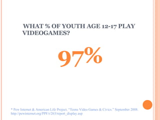 WHAT % OF YOUTH AGE 12-17 PLAY    VIDEOGAMES? * Pew Internet & American Life Project. “Teens Video Games & Civics.” September 2008.  http://pewinternet.org/PPF/r/263/report_display.asp 97% 